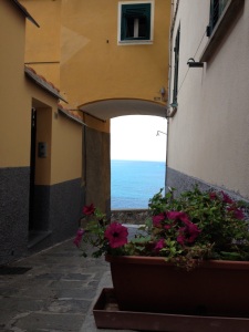 As we wandered toward the edge of Corniglia we came upon this scene. You can spot a speck of a sailboat in the distance.